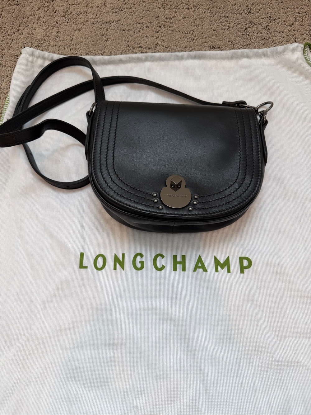 Longchamp Cavalcade Small Black Leather Crossbody Saddle Bag